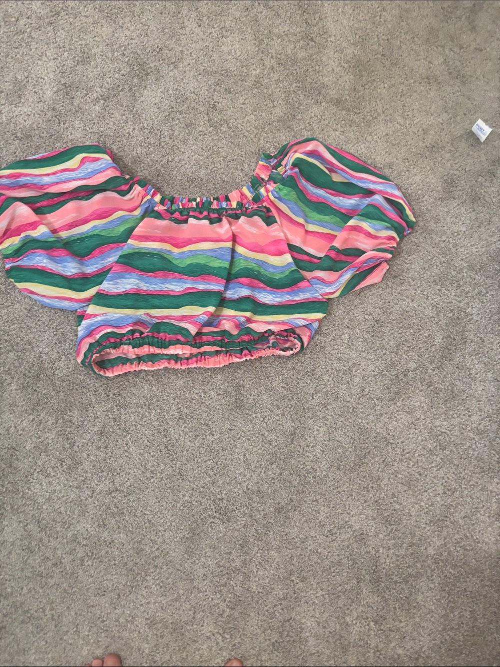 Joy Joy Multicolor Striped Off-Shoulder Crop Top — Pink, Green, Blue